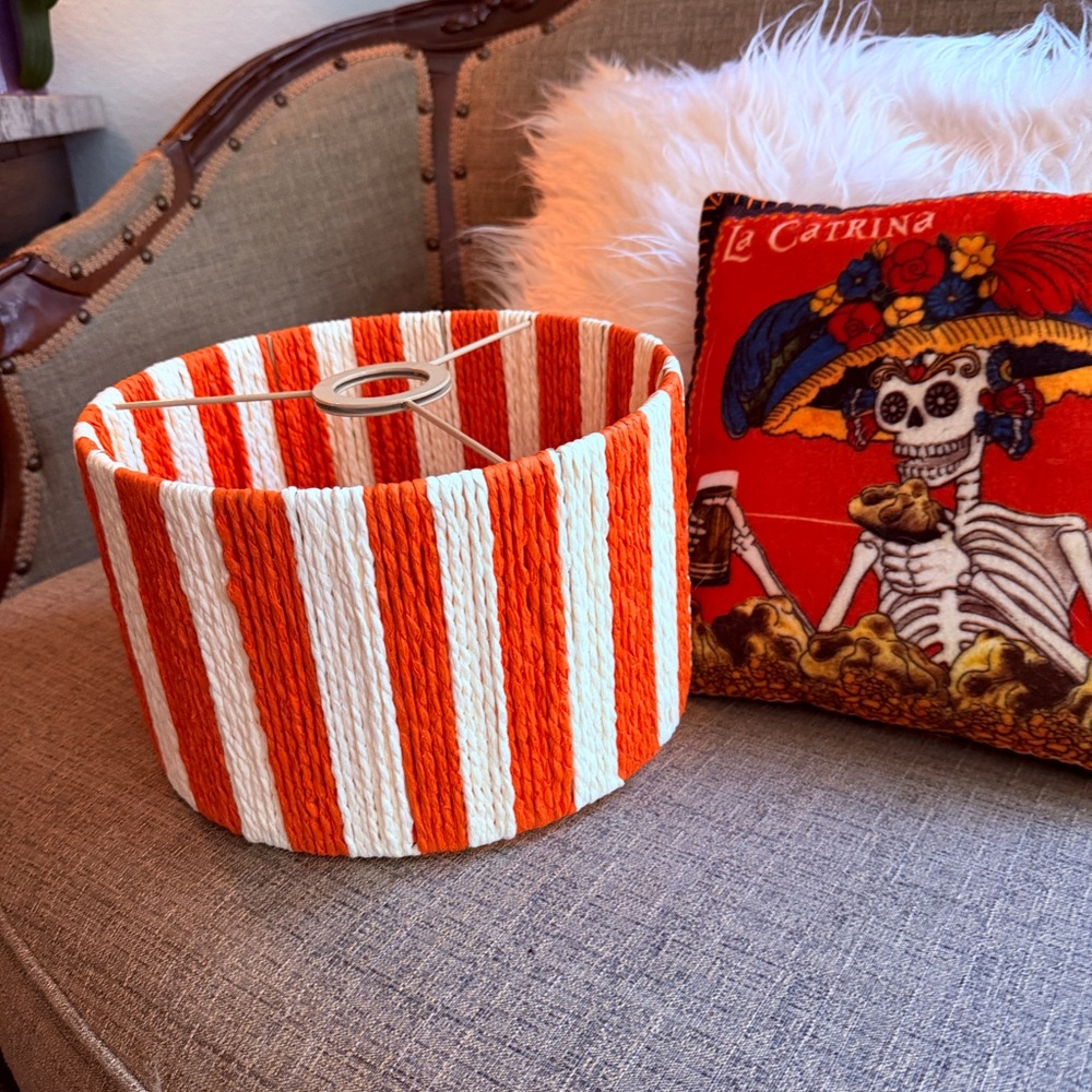 Boho Striped Lampshade – Orange & Cream Woven Drum Shade
